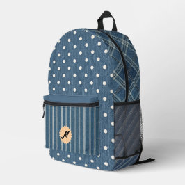Vintage-Denim-Druck mit Punkten, Streifen und Karo Bedruckter Rucksack