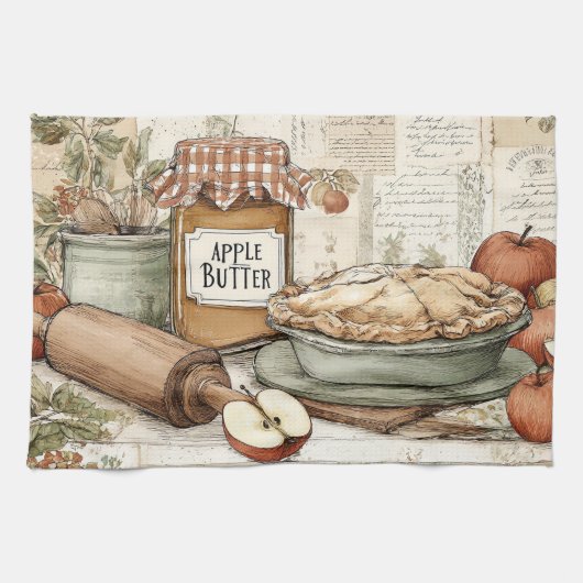 Vintage-Design Apfelbutter & Apfelkuchen. Geschirrtuch (Horizontal)