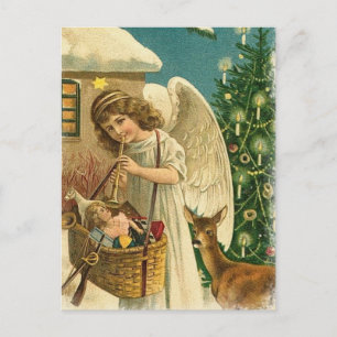 Vintage-Design Engel, Hirsch und Weihnachtsbaum Feiertagspostkarte