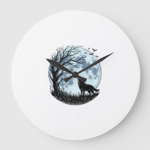 Vintage-Design mit heulendem Wolf und Baum-Silhoue Große Wanduhr