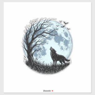Vintage-Design mit heulendem Wolf und Mondbaum-Sil Aufkleber