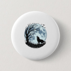 Vintage-Design mit heulendem Wolf und Mondbaum-Sil Button