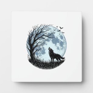 Vintage-Design mit heulendem Wolf und Mondbaum-Sil Fotoplatte