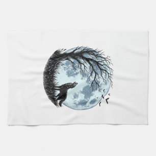 Vintage-Design mit heulendem Wolf und Mondbaum-Sil Geschirrtuch