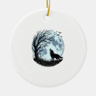Vintage-Design mit heulendem Wolf und Mondbaum-Sil Keramik Ornament