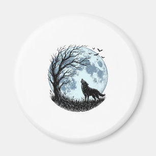 Vintage-Design mit heulendem Wolf und Mondbaum-Sil Magnet