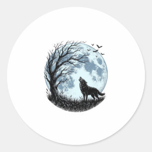 Vintage-Design mit heulendem Wolf und Mondbaum-Sil Runder Aufkleber