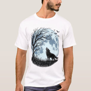 Vintage-Design mit heulendem Wolf und Mondbaum-Sil T-Shirt