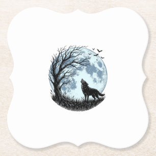Vintage-Design mit heulendem Wolf und Mondbaum-Sil Untersetzer