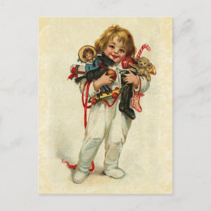 Vintage-Design Süßer Junge mit Weihnachtsspielzeug Feiertagspostkarte