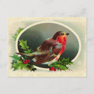 Vintage-Design Vogel und Weihnachts-Stechpalme Feiertagspostkarte