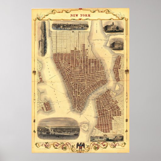 Vintage Detailed New York Map Poster 1851 (Vorne)