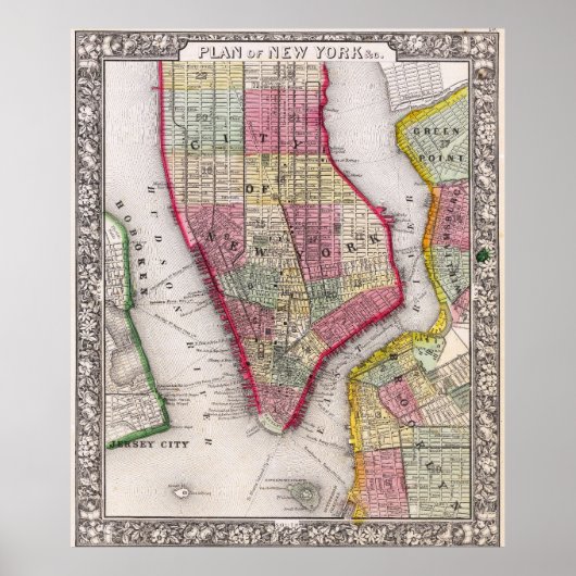 Vintage Detailed New York Map Poster 1865 (Vorne)