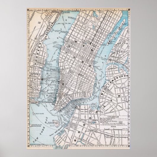 Vintage Detailed New York Map Poster 1889 (Vorne)
