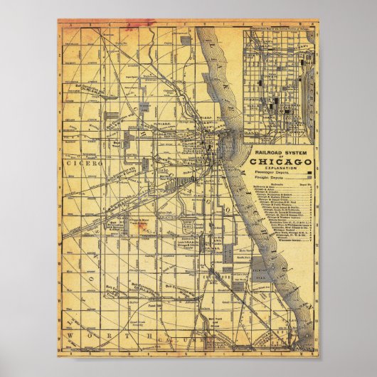 Vintage Detailed Railroad Map of Chicago Poster (Vorne)