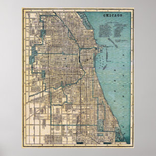 Vintage detaillierte Chicago-Karte Poster 1893