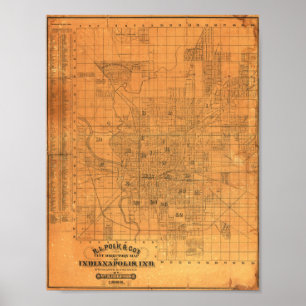 Vintage detaillierte Karte von Indianapolis 1885 Poster