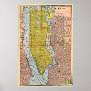 Vintage detaillierte New York-Karte Poster 1892