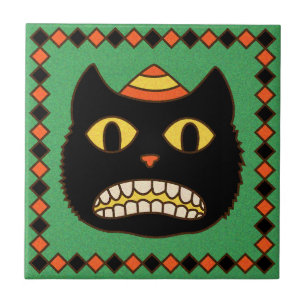 Vintage Deutsche Halloween-Schwarze Katze Fliese