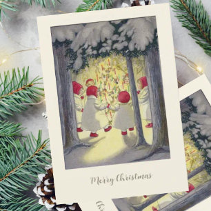 Vintage deutsche Weihnachtskarte Engel im Wald Feiertagskarte