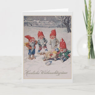 Vintage Deutsche Zwerge / Gnome Weihnachtskarte Feiertagskarte