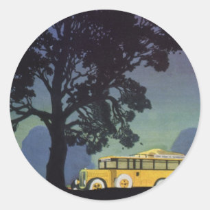 Vintage Deutschland, Gelber Bus bei Nacht, Reise K Runder Aufkleber