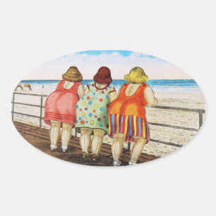 Vintage dicke Mädchen mit großem Po am Strand Ovaler Aufkleber