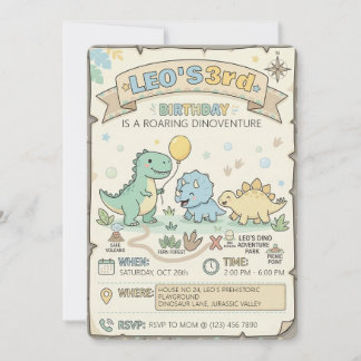 Vintage Dinosaurier-Abenteuerkarte 3. Geburtstagsf Einladung