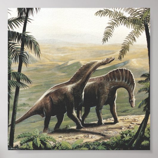 Vintage Dinosaurier, Amargasaurus mit Palmen Poster (Vorne)