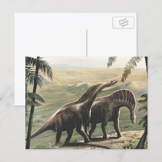 Vintage Dinosaurier, Amargasaurus mit Palmen Postkarte (Vorne/Hinten)