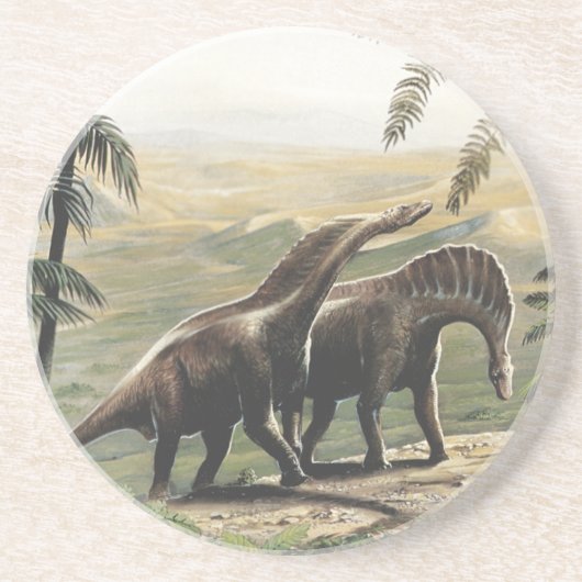 Vintage Dinosaurier, Amargasaurus mit Palmen Sandstein Untersetzer (Vorne)