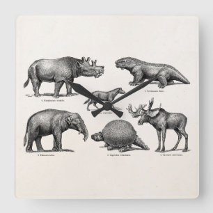 Vintage Dinosaurier-Illustrations-Retro alte Quadratische Wanduhr