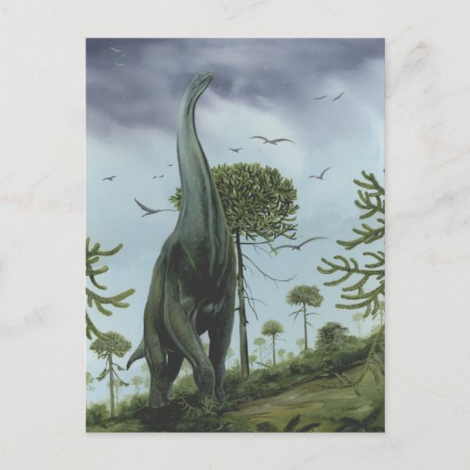 Vintage Dinosaurier, Sauroposeidon mit Vögeln flie Postkarte (Vorderseite)