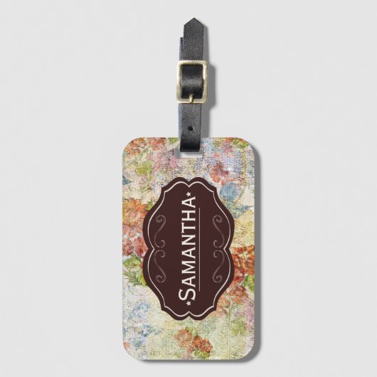 Vintage Distressed Flower Pattern Personalised Gepäckanhänger (Vorderseite Vertikal)