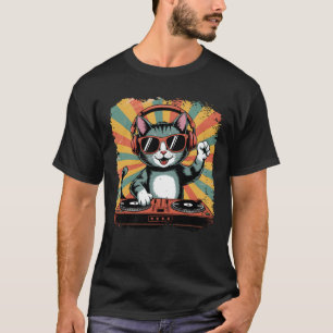 Vintage DJ Katze Disco Sound Tech Kopfhörer Elektr T-Shirt