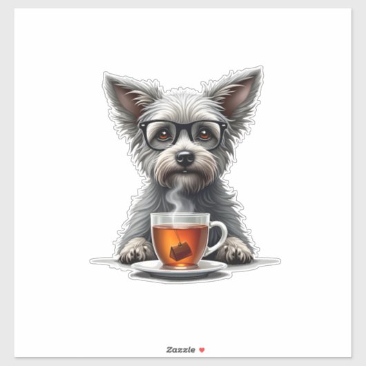 Vintage Dog Holding Tea with Glasses Retro Pet Ill Aufkleber (Blatt)