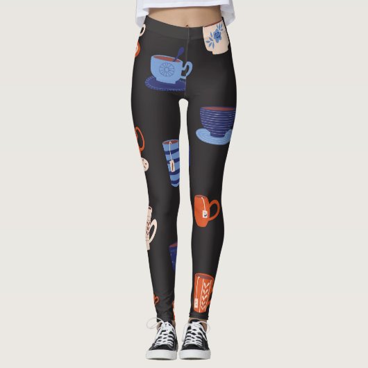 Vintage Doodle Cups Nahtloser Hintergrund Leggings (Vorderseite)