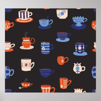 Vintage Doodle Cups Nahtloser Hintergrund Poster