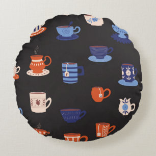 Vintage Doodle Cups Nahtloser Hintergrund Rundes Kissen