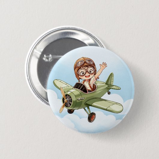 Vintage Doppeldecker Flugzeug Junge Blauer Wolkenh Button (Vorne & Hinten)