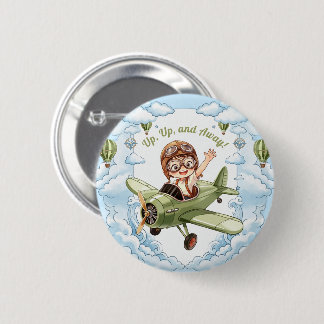 Vintage Doppeldecker Flugzeug Junge Wolken Himmel Button