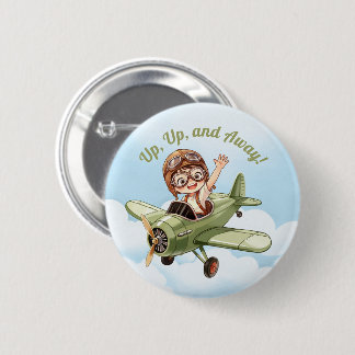 Vintage Doppeldecker Flugzeug Junge Wolken Himmel Button