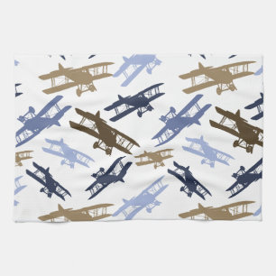 Vintage-Doppeldecker-Flugzeugmuster Blau Braun Geschirrtuch