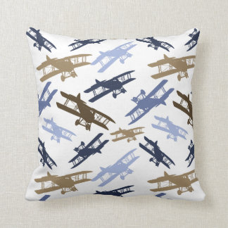 Vintage-Doppeldecker-Flugzeugmuster Blau Braun Kissen