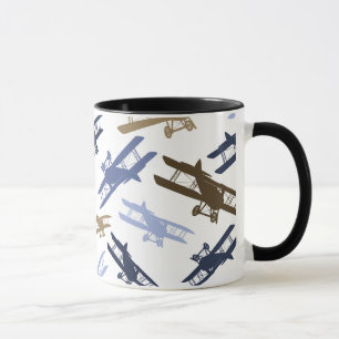 Vintage-Doppeldecker-Flugzeugmuster Blau Braun Tasse