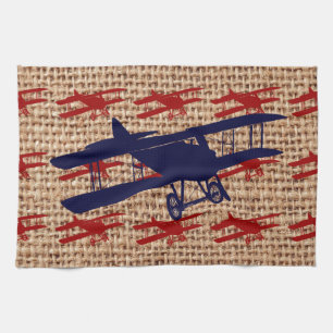 Vintage Doppeldecker Propeller Flugzeug auf Jute D Handtuch