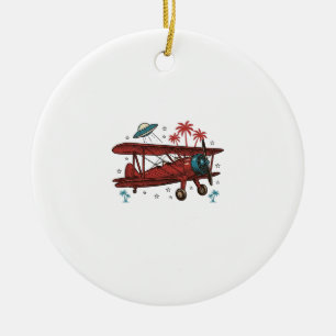 Vintage Doppeldecker UFO Tropisches Reise-Shirt De Keramik Ornament