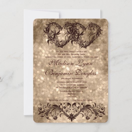 Vintage-Doppelherzen-Champagner-Hochzeitseinladung Einladung (Vorderseite)