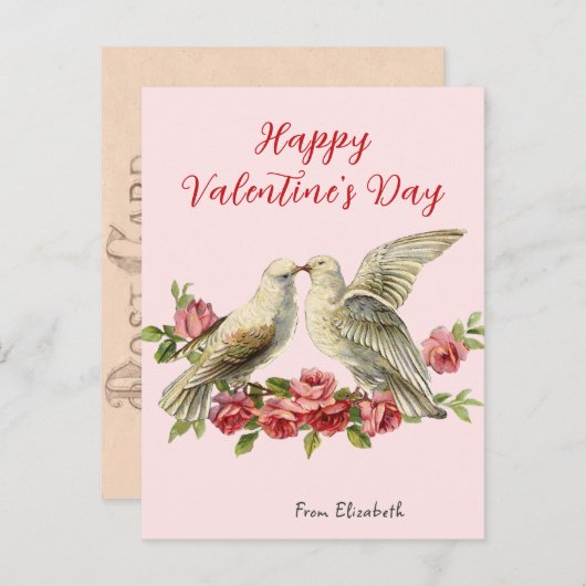 Vintage Doves Pink Valentine's Day Card Postkarte (Vorne/Hinten)