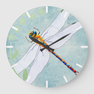 Vintage Dragonfly on Faded Floral Background Große Wanduhr